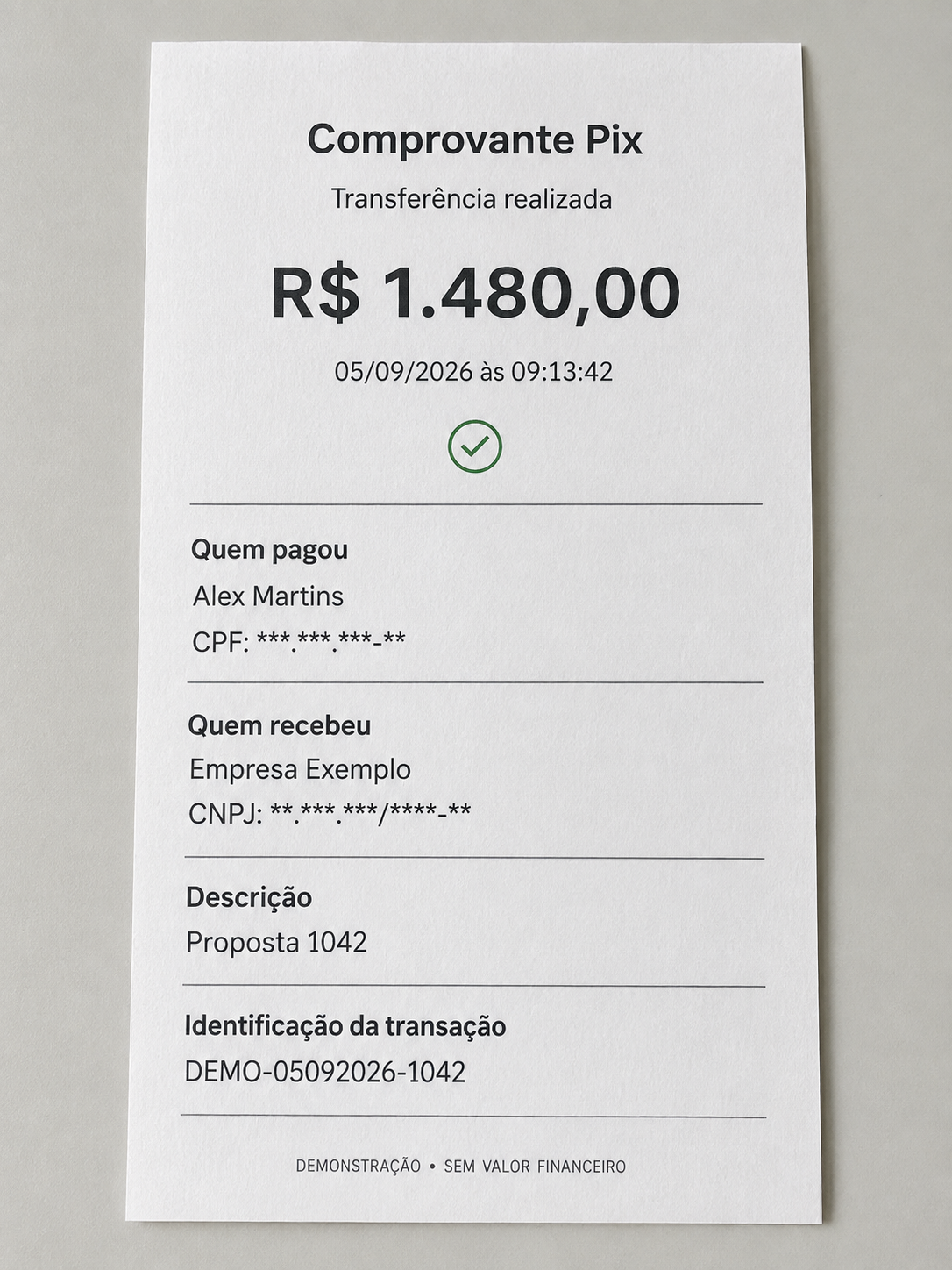 Comprovante fictício de Pix de R$ 1.480,00, de Alex Martins para Empresa Exemplo, em 05/09/2026 às 09:13:42